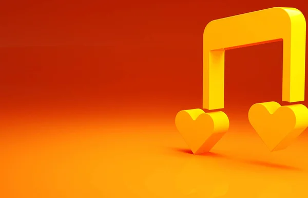 Yellow Music note, tone with hearts icon isolated on orange background. Valentines day. Minimalism concept. 3d illustration 3D render.