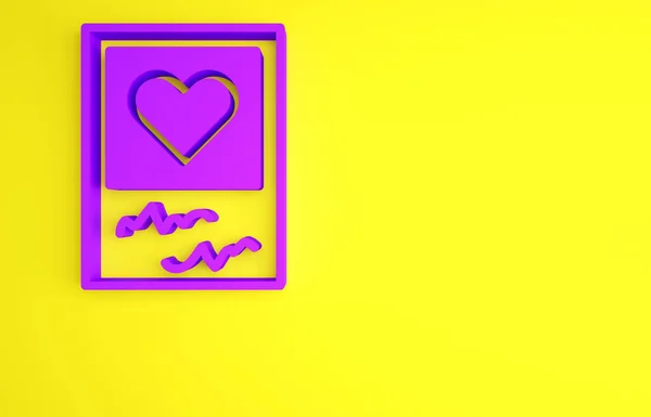Purple Blanks photo frames and hearts icon isolated on yellow background. Valentines Day symbol. Minimalism concept. 3d illustration 3D render.