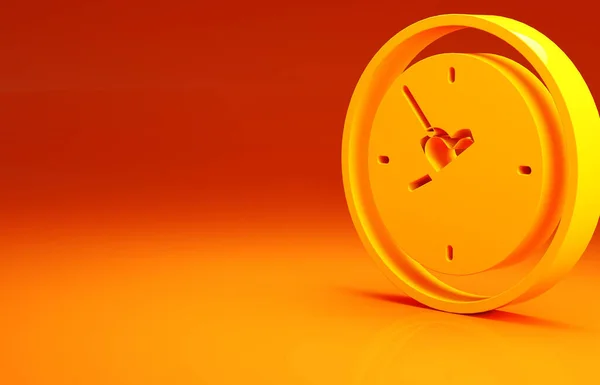 Żółty Zegar Ikoną Serca Izolowane Pomarańczowym Tle Walentynki Symbol Miłości — Zdjęcie stockowe