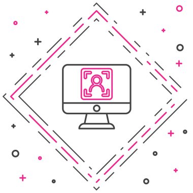 Beyaz arkaplanda yüz tanıma simgesine sahip çizgi monitörü izole edildi. Yüz tanımlama simgesi. Yüz tanıma. Siber güvenlik kavramı. Renkli taslak konsepti. Vektör.