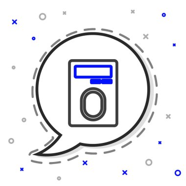 Beyaz arkaplanda izole edilmiş, parmak taramasıyla kontrol makinesi simgesine ulaşan çizgi insan eli taraması. Kimlik işareti. Kimliğe dokun. Renkli taslak konsepti. Vektör.