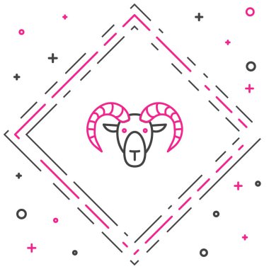 Beyaz arka planda izole edilmiş çizgi başı veya koç simgesi. Dağ koyunu. Hayvan sembolü. Renkli taslak konsepti. Vektör.