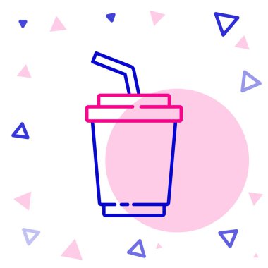 Beyaz zemin üzerinde saman ve su ikonu olan çizgi kağıt bardak. Soda bardağı. Taze soğuk içecek sembolü. Renkli taslak konsepti. Vektör.