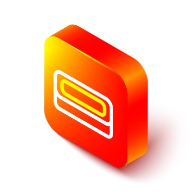 Beyaz arkaplanda izole edilmiş Isometric satır sabun simgesi. Köpüklü sabun çubuğu. Turuncu kare düğme. Vektör.