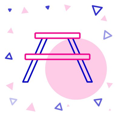 Çizgi piknik masası masa simgesinin her iki tarafında da beyaz arkaplanda izole edilmiş banklar var. Renkli taslak konsepti. Vektör.