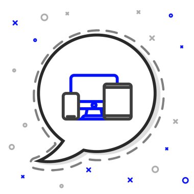 Çizgi bilgisayar monitörü, grafik tablet ve cep telefonu simgesi beyaz arkaplanda izole edildi. İnternetten kazanç, pazarlama. Renkli taslak konsepti. Vektör.