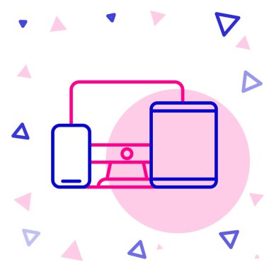 Çizgi bilgisayar monitörü, grafik tablet ve cep telefonu simgesi beyaz arkaplanda izole edildi. İnternetten kazanç, pazarlama. Renkli taslak konsepti. Vektör.