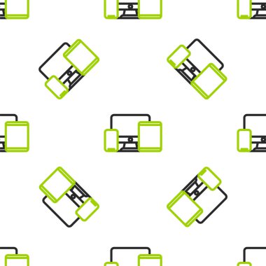 Çizgi bilgisayar monitörü, grafik tablet ve cep telefonu simgesi beyaz arkaplanda izole edilmiş kusursuz desen. İnternetten kazanç, pazarlama. Vektör.