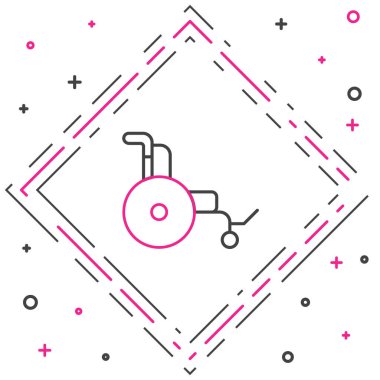 Özürlü kişi simgesi için çizgi tekerlekli sandalye beyaz arkaplanda izole edildi. Renkli taslak konsepti. Vektör.