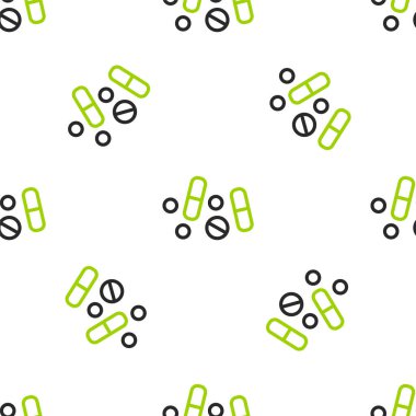 Hat ilacı veya tablet ikonu beyaz arka planda izole edilmiş kusursuz desen. Kapsül hapı ve uyuşturucu işareti. Eczane tasarımı. Vektör.