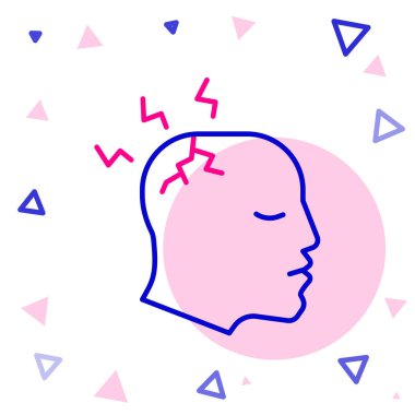 Çizgi Adam 'ın başı ağrıyor, beyaz arka planda migren ikonu var. Renkli taslak konsepti. Vektör.