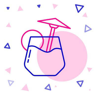 Beyaz arka planda izole edilmiş şemsiye ikonlu çizgi kokteyl ve alkol içeceği. Renkli taslak konsepti. Vektör.