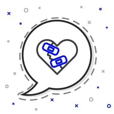 Kırık kalbi iyileştiren çizgi ya da beyaz arka planda izole edilmiş boşanma ikonu. Parçalanmış ve kalbi yamalanmış. Aşk sembolü. Sevgililer Günü. Renkli taslak konsepti. Vektör.