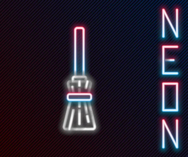 Gloeiende Neon Lijn Heksen Bezem Pictogram Geïsoleerd Zwarte Achtergrond Gelukkig — Stockvector