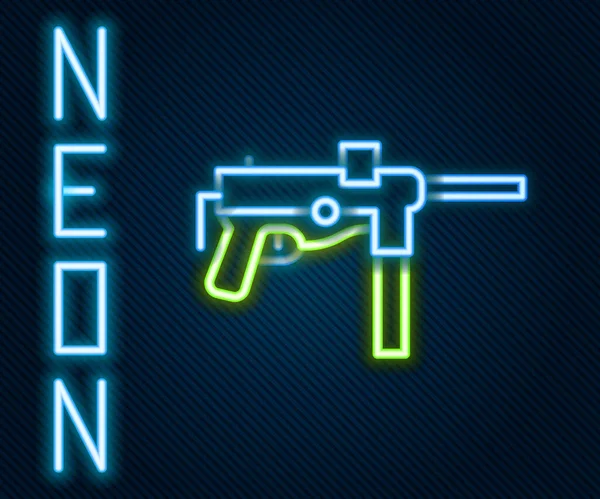 Glödande Neon Linje Submachine Gun Fett Pistol Ikon Isolerad Svart — Stock vektor