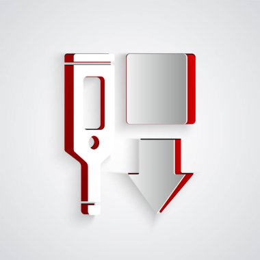 Tıbbi muayene ikonu için kağıt kesilmiş dijital termometre gri arka planda izole edilmiş. Kağıt sanatı tarzı. Vektör.