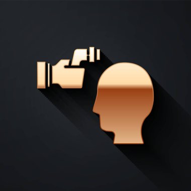 Tıbbi inceleme ikonu için kızılötesi ışık ve siyah arka planda izole edilmiş altınla dijital temassız termometre. Vücut ısısını kontrol ediyorum. Uzun gölge tarzı. Vektör.