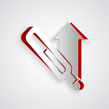 Tıbbi muayene ikonu için kağıt kesiği termometresi gri arka planda izole edilmiş. Kağıt sanatı tarzı. Vektör.