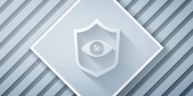 Kağıt kesiği göz tarama simgesi gri arkaplanda izole edildi. Göz taraması yapılıyor. Güvenlik kontrol sembolü. Siber göz işareti. Kağıt sanatı tarzı. Vektör.