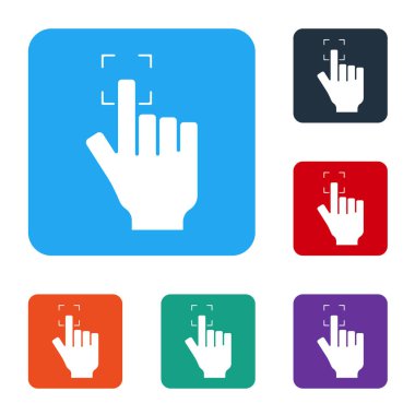 Beyaz parmak izi simgesi beyaz arkaplanda izole edildi. Kimlik uygulaması simgesi. Kimlik işareti. Kimliğe dokun. Renkli kare düğmelerle simgeleri ayarla. Vektör.