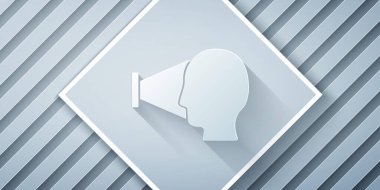 Kağıt kesiği yüz tanıma simgesi gri arkaplanda izole edildi. Yüz tanımlama simgesi. Yüz tanıma. Siber güvenlik kavramı. Kağıt sanatı tarzı. Vektör.