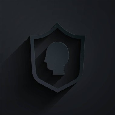 Kağıt kesme Kullanıcı koruma simgesi siyah arkaplanda izole edildi. Güvenli kullanıcı girişi, şifre koruması, kişisel veri koruması, kimlik doğrulaması. Kağıt sanatı tarzı. Vektör.