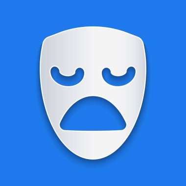 Kağıt kesiği dramatik maske ikonu mavi arka planda izole edilmiş. Kağıt sanatı tarzı. Vektör.