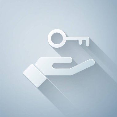 Kağıt, gri arka planda izole edilmiş psikoloji ikonundaki soruna çözüm getirdi. Anahtar. Akıl sağlığı terapisi. Kağıt sanatı tarzı. Vektör.