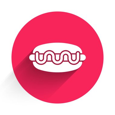 Uzun gölgeli beyaz sosisli sandviç ikonu. Sosis ikonu. Fast food burcu. Kırmızı daire düğmesi. Vektör.