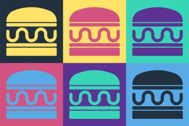 Pop Art Burger simgesi renk arkaplanında izole edilmiş. Hamburger ikonu. Çizburger sandviç tabelası. Fast food menüsü. Vektör.