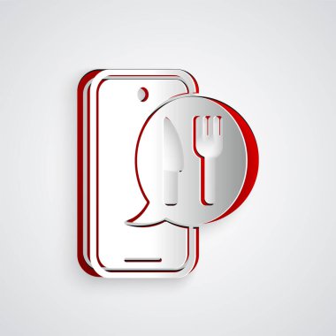 Kağıt kesiği Çevrimiçi sipariş ve fast food dağıtım ikonu gri arka planda izole edildi. Burger tabelası. Kağıt sanatı tarzı. Vektör.