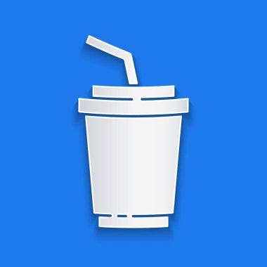 Kağıt kesiği kağıt kesiği. Mavi arka planda saman ve su ikonu var. Soda bardağı. Taze soğuk içecek sembolü. Kağıt sanatı tarzı. Vektör.