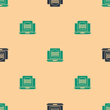 Yeşil ve siyah çevrimiçi sipariş ve hamburger dağıtım ikonu bej arka planda izole edilmiş kusursuz desen. Vektör.