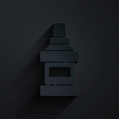 Kağıt kesiği, siyah arka planda izole edilmiş plastik şişe ikonu. Ağzını çalkalamak için sıvı. Ağız bakım ekipmanları. Kağıt sanatı tarzı. Vektör.