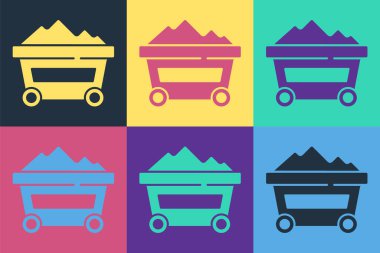 Pop Art Coal madeni tramvay ikonu renkli arka planda izole edilmiş. Fabrika kömür madeni vagonu. Vektör.