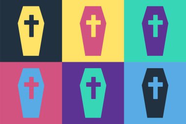 Pop Art Coffin ve Hıristiyan haç simgesi renkli arka planda izole edilmiş. Mutlu Cadılar Bayramı Partisi. Vektör.