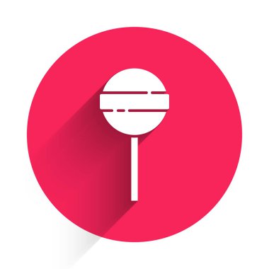 Beyaz lolipop ikonu uzun gölgeli izole edilmiş. Yemek, lezzetli bir sembol. Mutlu Cadılar Bayramı Partisi. Kırmızı daire düğmesi. Vektör.