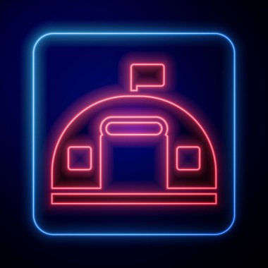 Parlayan neon askeri kışla ikonu mavi arka planda izole edildi. Hava saldırıları mimari ordusu. Vektör.