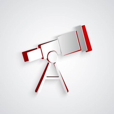 Kağıt kesiği Teleskop simgesi gri arkaplanda izole edildi. Bilimsel bir alet. Eğitim ve astronomi elementi, dürbün ve çalışma yıldızları. Kağıt sanatı tarzı. Vektör.