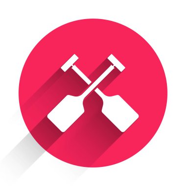 Beyaz Paddle simgesi uzun gölgeli izole edilmiş. Kürek çekin. Kırmızı daire düğmesi. Vektör.