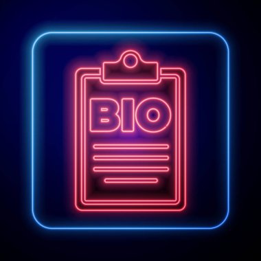 Mavi arka planda izole edilmiş biyoyeşil sağlıklı yiyecek ikonu için parlayan neon dökümanı. Organik ürün. Sağlıklı yemek etiketi. Vektör.