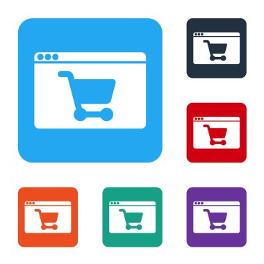 Beyaz arkaplanda izole edilmiş beyaz ekran simgesinde White Online alışveriş. Konsept e-ticaret, e-ticaret, online iş pazarlama. Renkli kare düğmelerle simgeleri ayarla. Vektör.