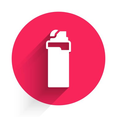 Beyaz Aydınlık simgesi uzun gölgeyle izole edildi. Kırmızı daire düğmesi. Vektör.