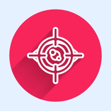 Beyaz çizgi göz tarama simgesi uzun gölgeyle izole edildi. Göz taraması yapılıyor. Güvenlik kontrol sembolü. Siber göz işareti. Kırmızı daire düğmesi. Vektör.