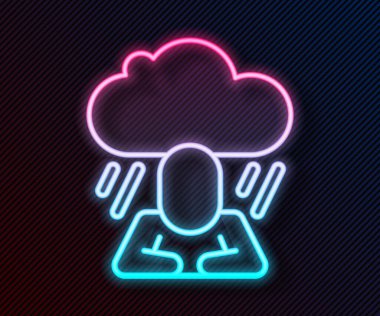 Parlayan neon hattı depresyon ve hüsran simgesi siyah arkaplanda izole edildi. Depresif ruh hali olan bir adam. Akıl sağlığı sorunları. Vektör.