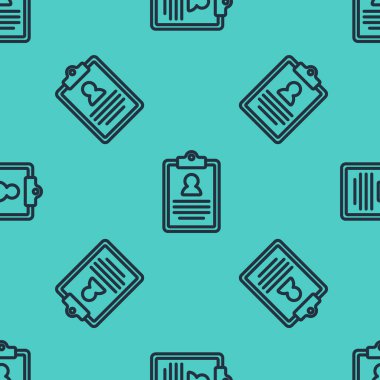 Klinik kayıt simgesine sahip siyah çizgi tıbbi pano yeşil arkaplandaki kusursuz deseni izole etti. Reçete, tıbbi kontrol işaretleri raporu. Vektör.