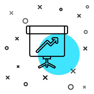 Grafik, çizelge, grafik, grafik, diyagram, bilgi, turta grafik simgesi içeren siyah çizgi sunum tahtası beyaz arkaplanda izole edildi. Rastgele dinamik şekiller. Vektör.