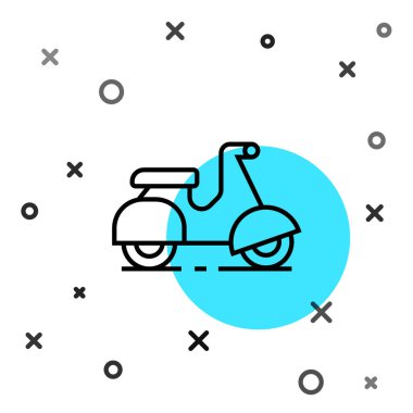 Siyah çizgi Scooter dağıtım simgesi beyaz arkaplanda izole edildi. Teslimat hizmeti konsepti. Rastgele dinamik şekiller. Vektör.