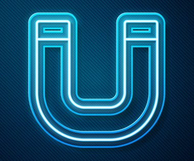 Parlayan neon hattı mıknatıs simgesi mavi arkaplanda izole edildi. At nalı mıknatısı, manyetizma, manyetizma, çekim. Vektör.