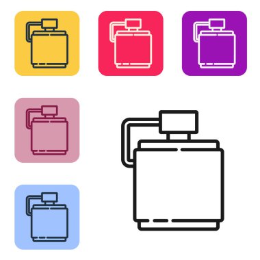 Siyah çizgi kantin su şişesi simgesi beyaz arkaplanda izole edilmiş. Turist matarası ikonu. Kampanyada bir kavanoz su kullanıldı. Renkli kare düğmelerle simgeleri ayarla. Vektör.